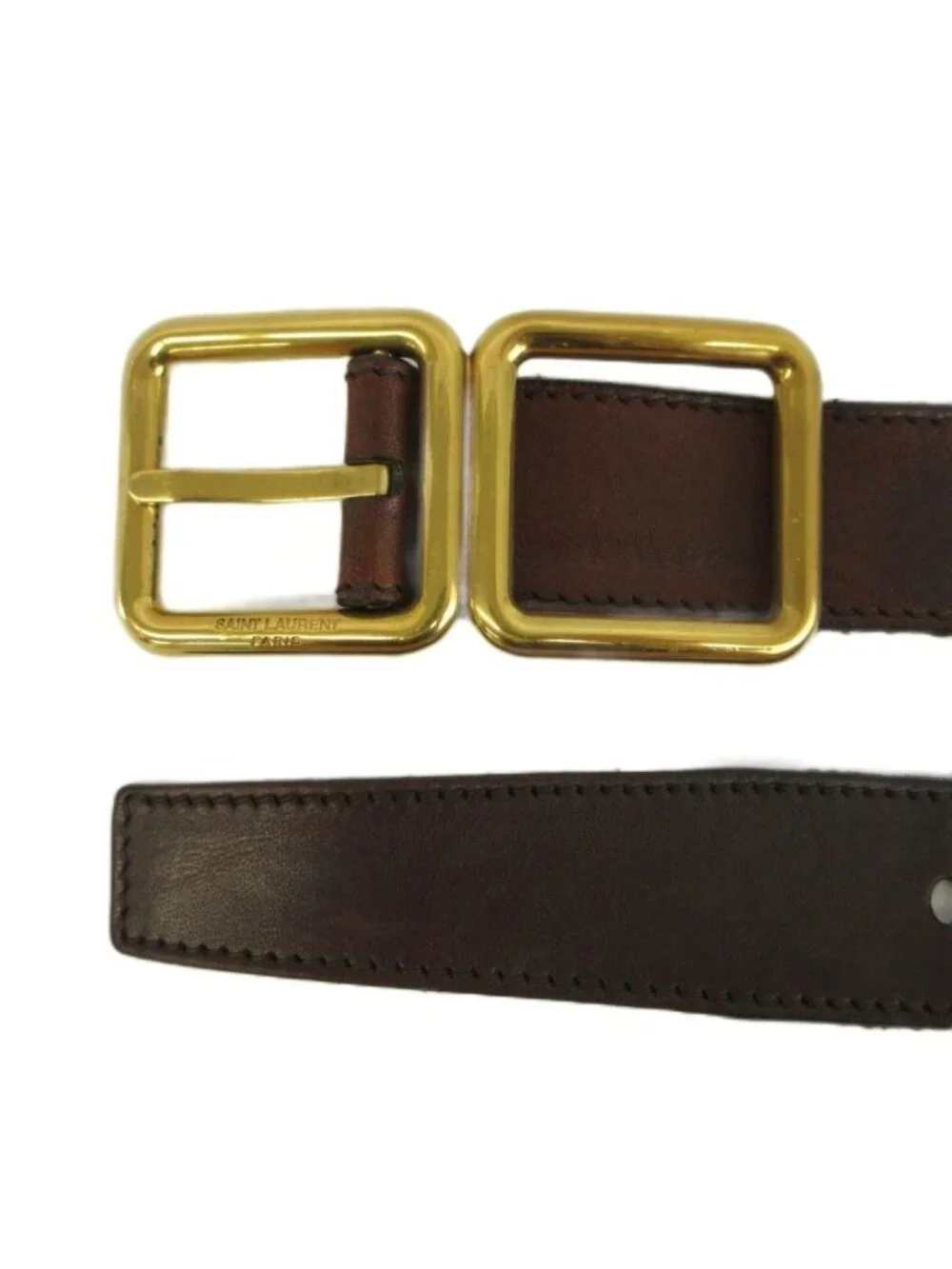Saint Laurent Paris Double Buckle Leather Belt Cowhide Logo Gold Brown